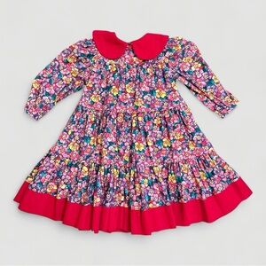 RARE Vintage Petals San Francisco Corduroy Floral Dress Red Collar Girls Size 6